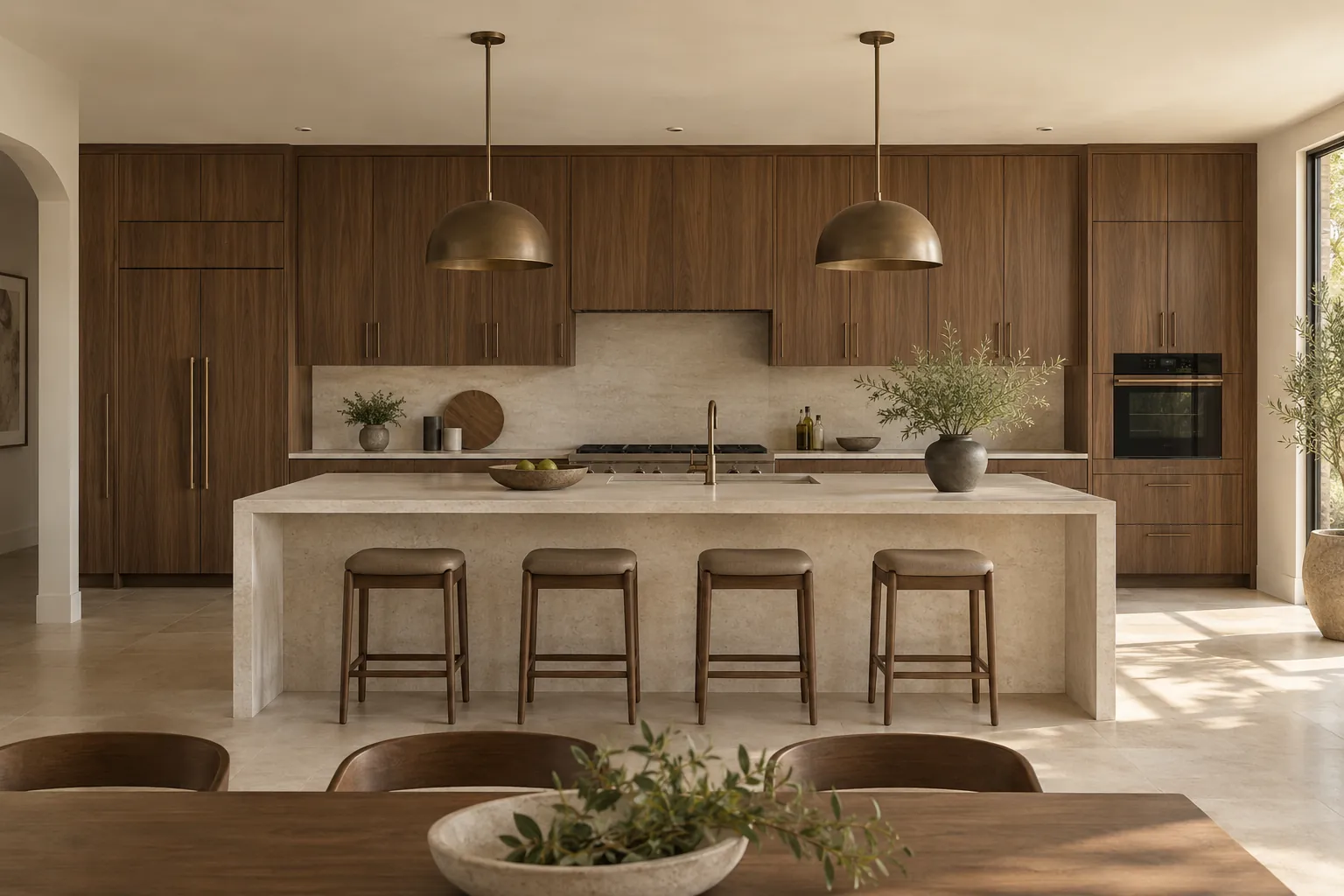 Walnut kitchen cabinets around a pale island with brass pendant lights