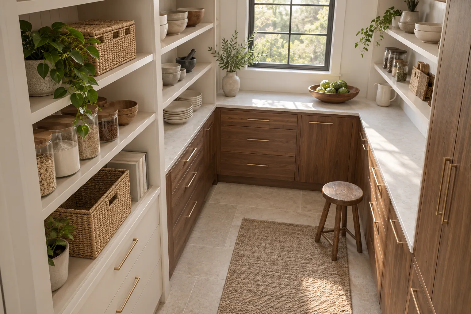 Walnut pantry cabinets with open pale shelving and a window at the end